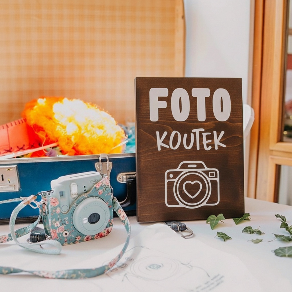 Dřevěná cedulka na svatbu s motivem Fotokoutek